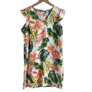 Nicole Miller Linen Tropical Print‎ Shift Dress Orange Green Flutter Sleeves, S